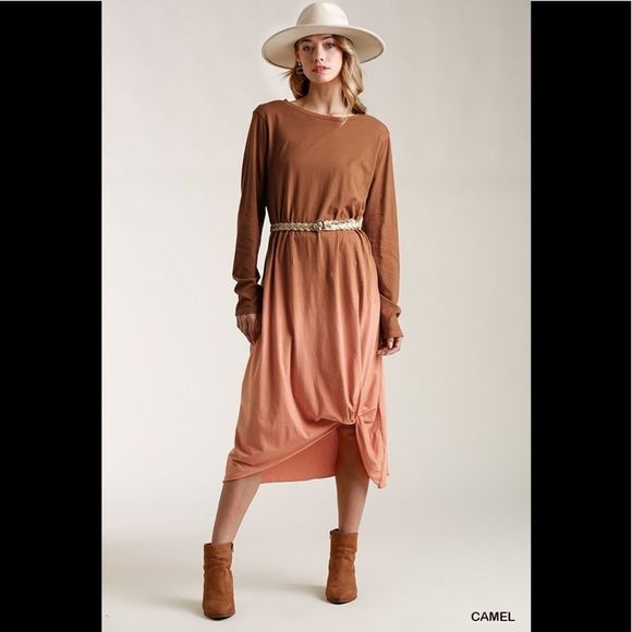 Umgee Navy & Green Ombre Front Knot Detail Long Sleeve Midi Dress - Picture 3 of 6